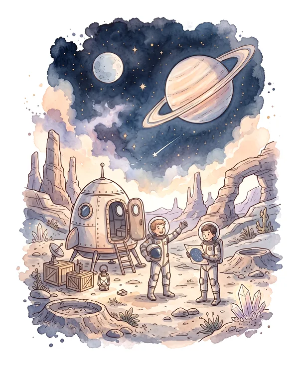 Watercolor illustration of two young space explorers beside their rocket on a rocky planet under a large ringed planet and a starry sky