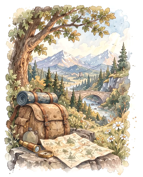 Watercolor illustration of an explorer's backpack, compass and map on a rock, looking out over a valley with a stone bridge and snowy mountains