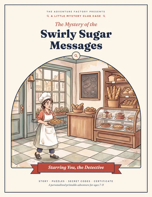 Cover of a Little Mystery Club sample book, The Mystery of the Swirly Sugar Messages, starring you, the detective, with Baker Lucia in an illustrated bakery shop